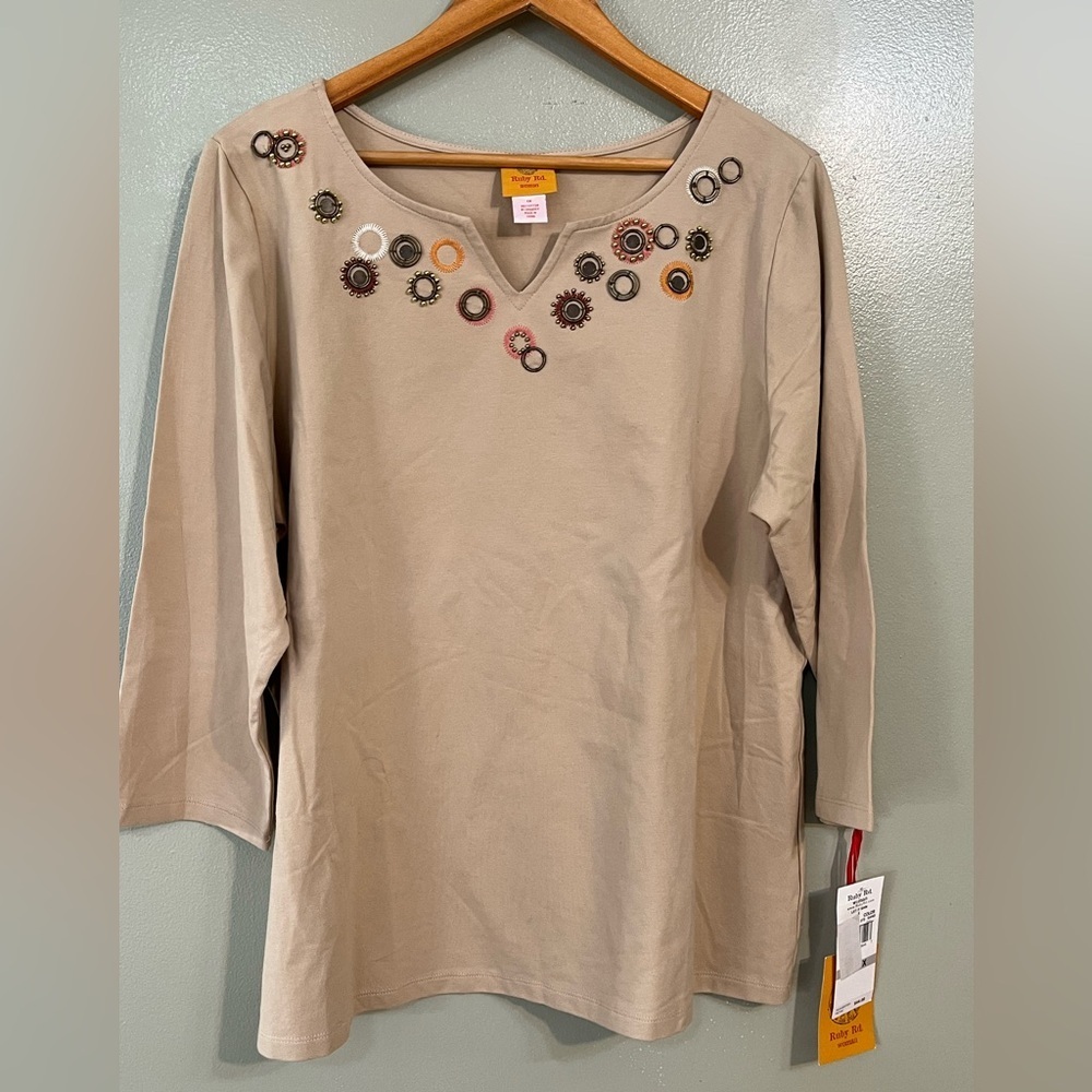 Ruby Rd Tan Cream Embellished Beige Cotton Soft Long Sleeves Tee 1X NWT